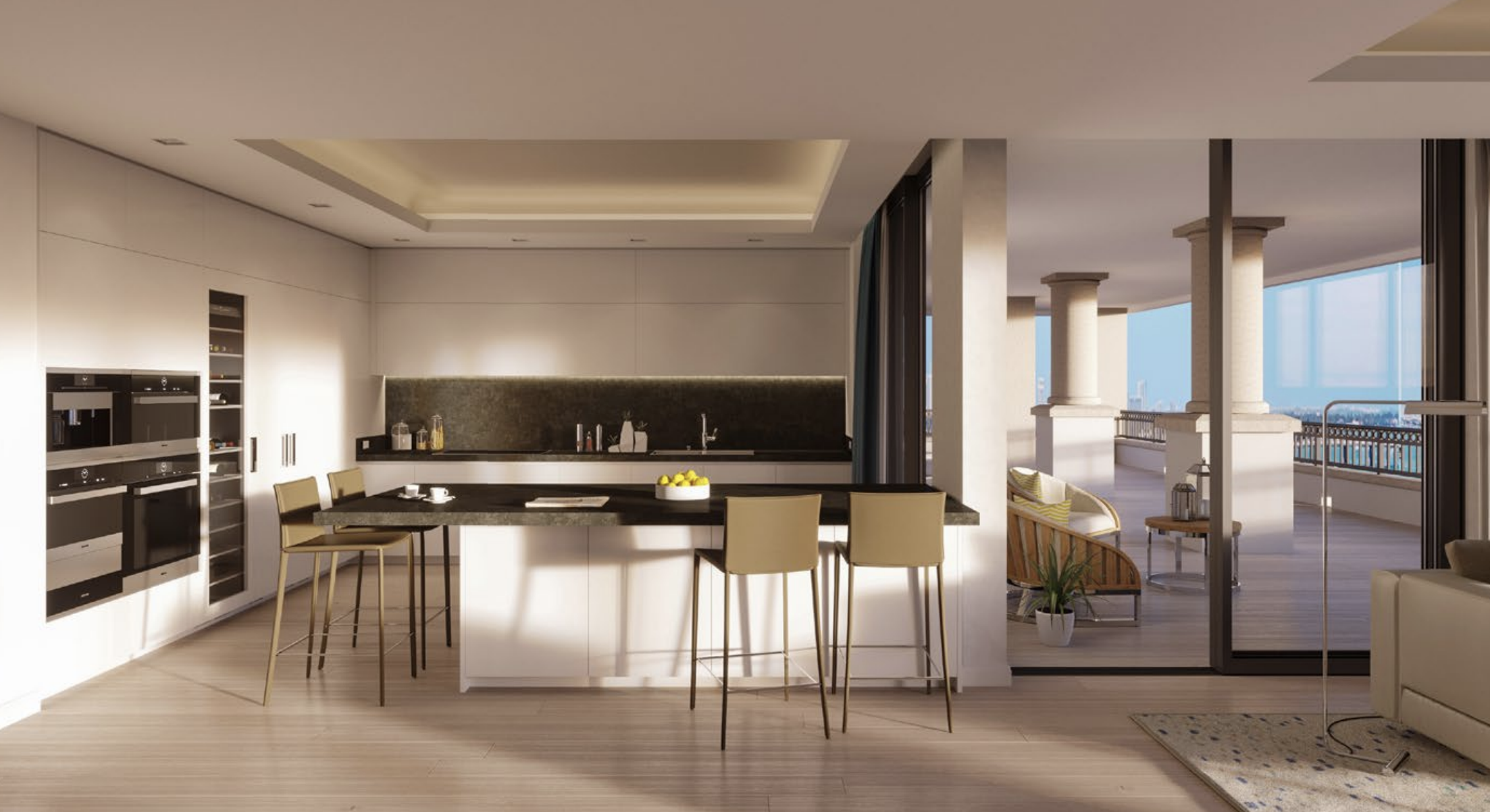 Rendering of a kitchen at Palazzo della Luna